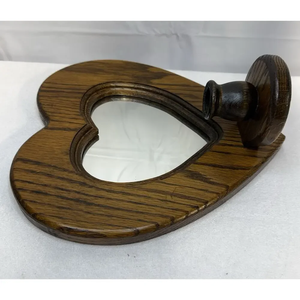 VTG Solid Oak Heart Wall Sconce Wooden Mirror Cottagecore Grannycore Candle